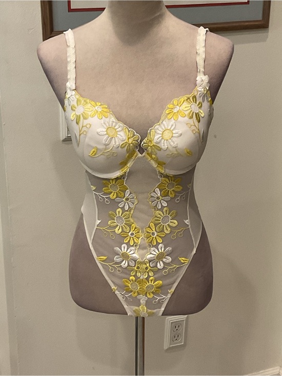 Victoria's Secret Other - 2001 Victoria's Secret White Sheer Bodysuit with Yellow Floral Embroidery